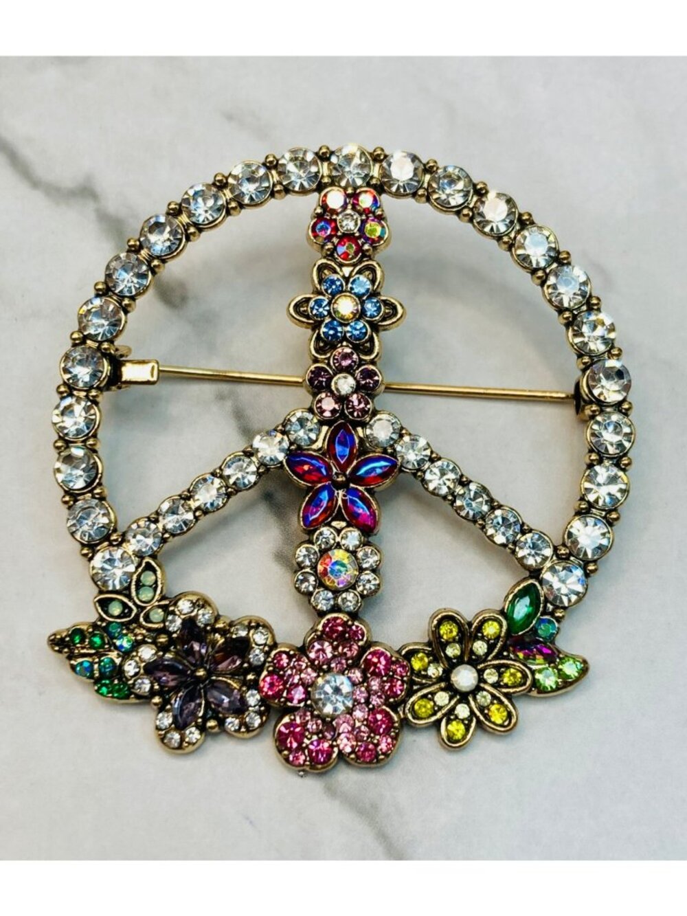 Rhinestone Floral Peace Sign Brooch Pin Gold Tone Multicolor -8B
